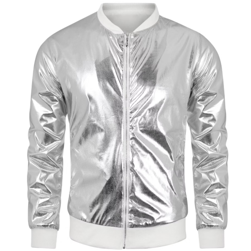 Lars Amadeus Men's Lightweight Metallic Zip Up Shiny Varsity Jacket Silver White